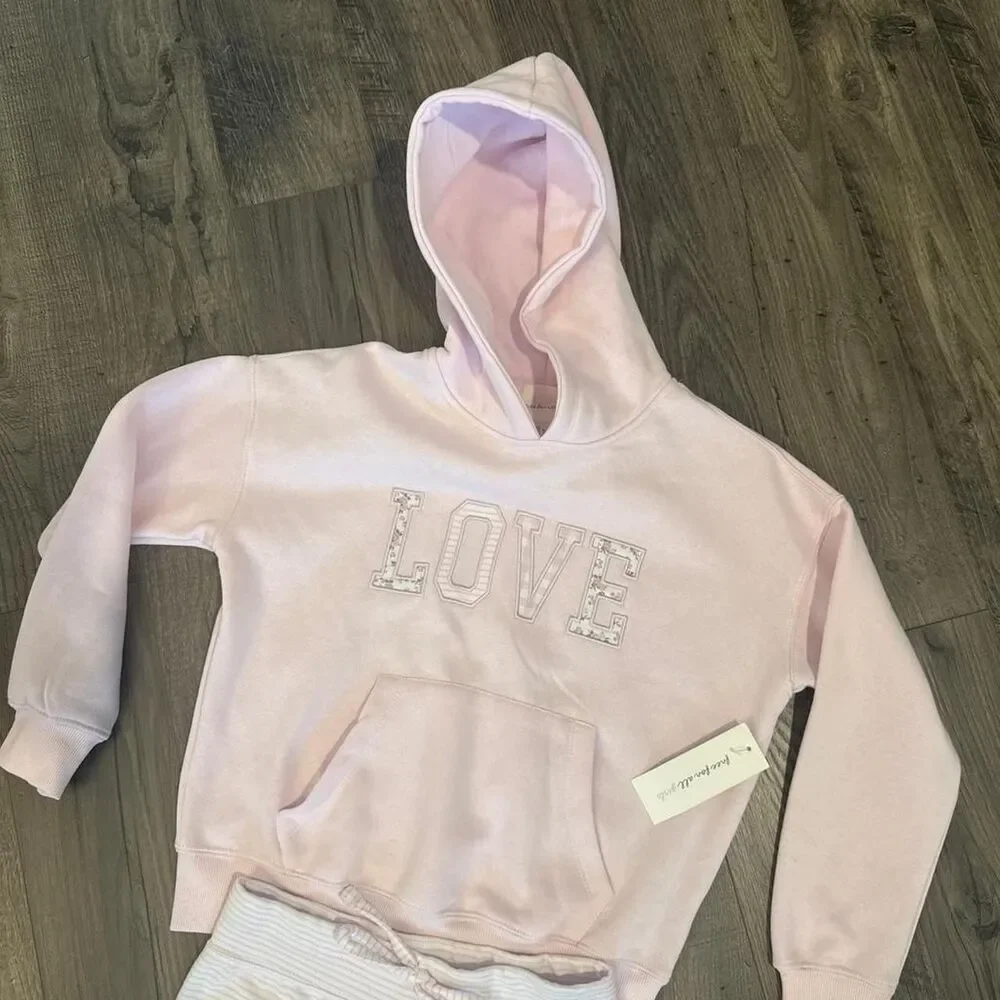 Free For All Girls Pink White Tracksuit Set Hoodie Flare Sweatpants SZ MD 10/12